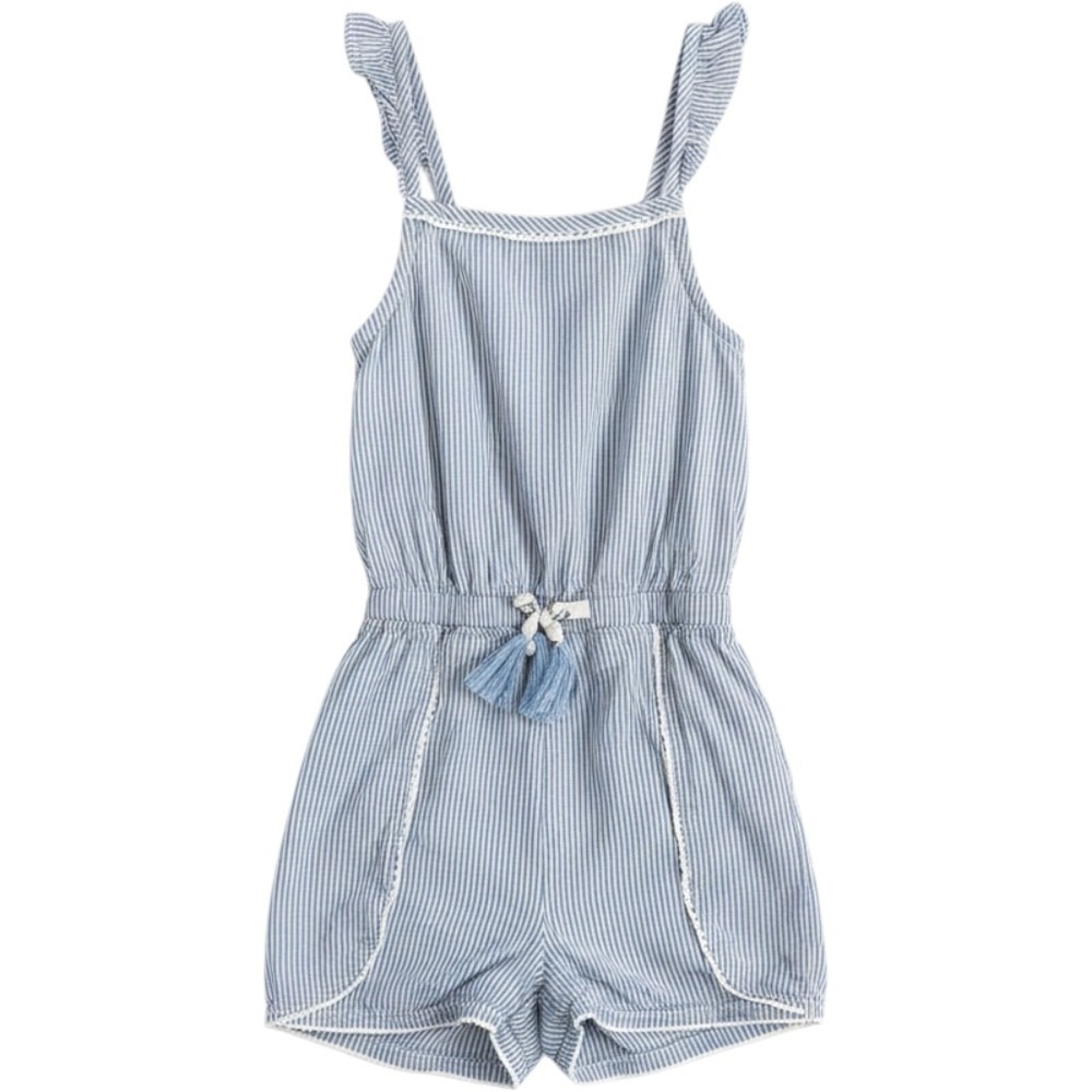 Savannah Striped Romper Girls 5T Blue White Ruffle Strap Tassel Seersucker Style